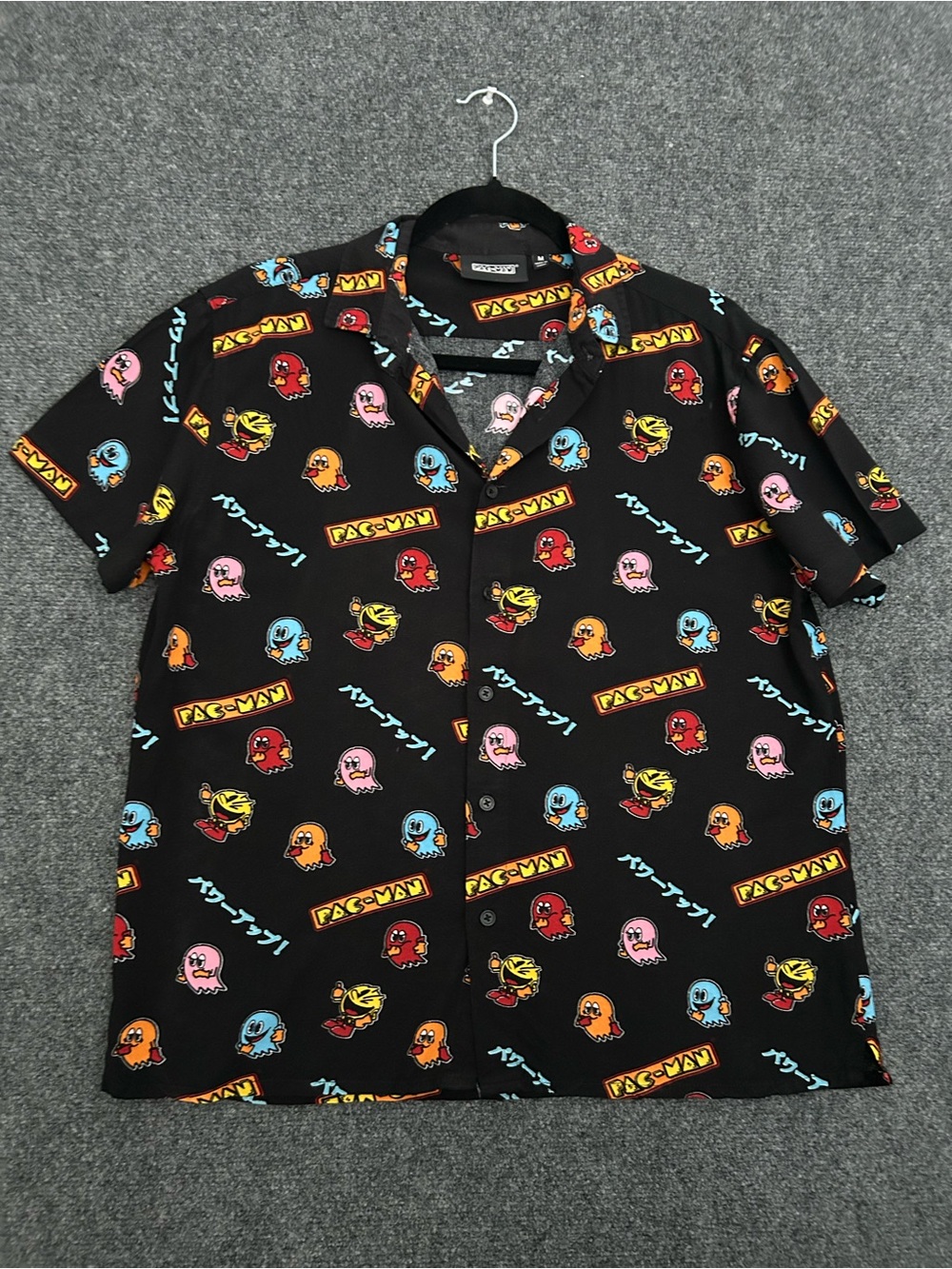 Men's Black Pac-Man Print Short Sleeve Button-Down Shirt